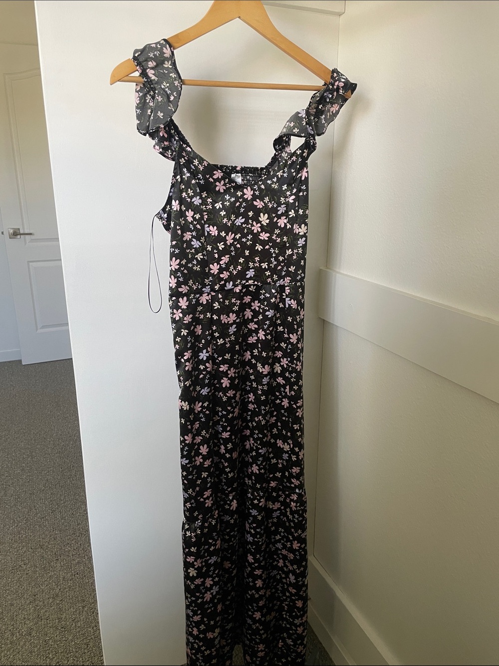 Divided Black Jumpsuit with Pink Floral Print